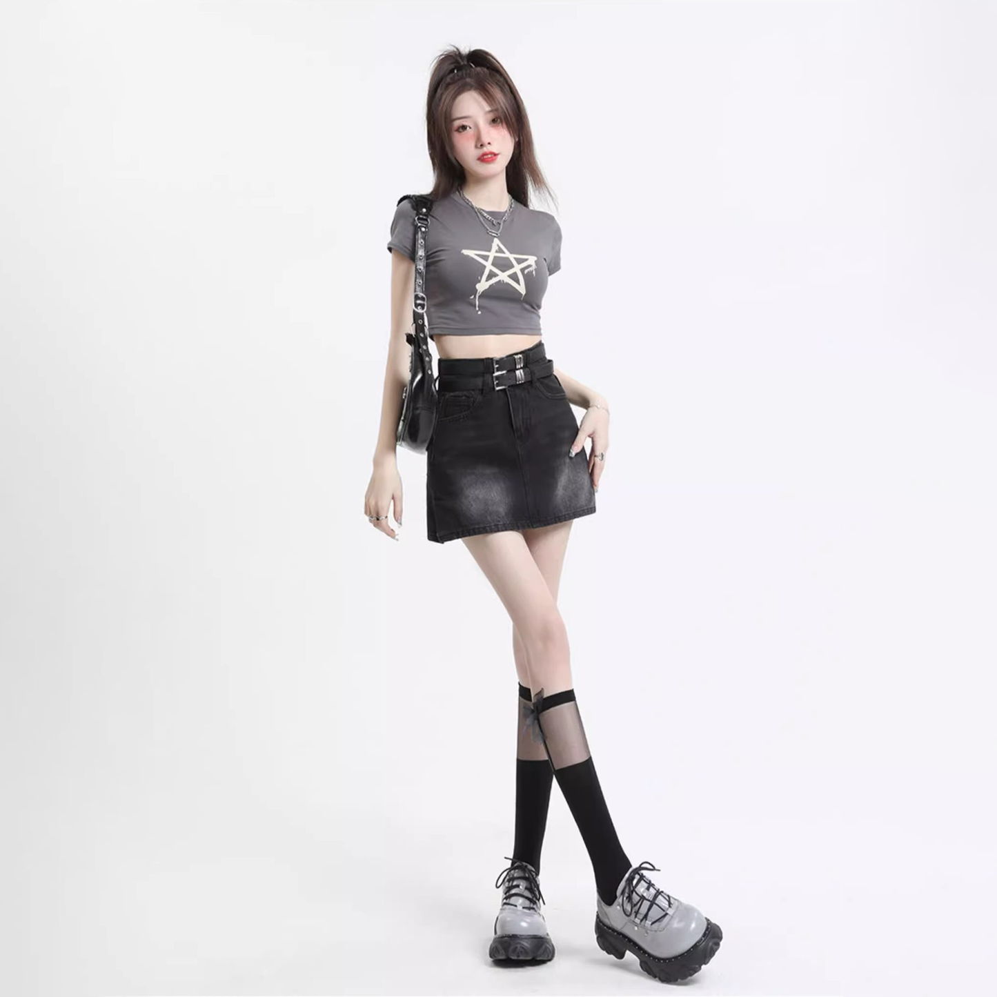 ダブルベルトデニムミニスカート 4019