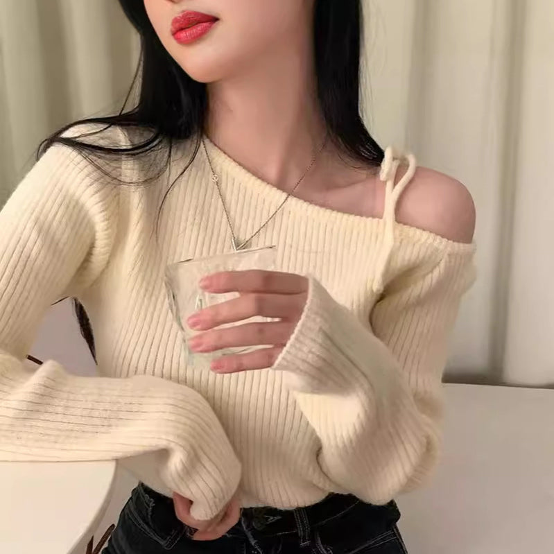 オフショルリボンリブトップス　3986