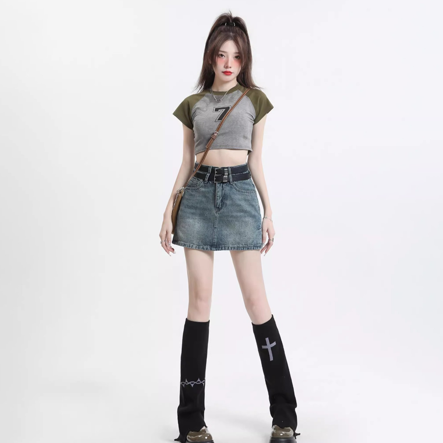 ダブルベルトデニムミニスカート 4019