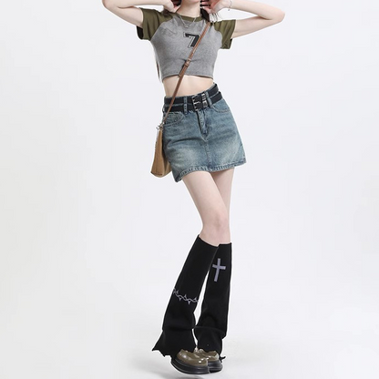 ダブルベルトデニムミニスカート 4019