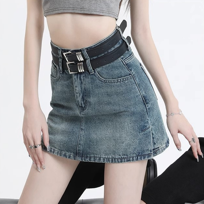 ダブルベルトデニムミニスカート 4019