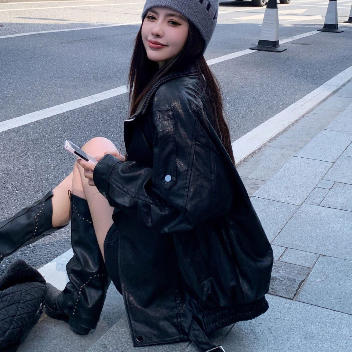 オーバーサイズフェイクレザーブルゾン 4004