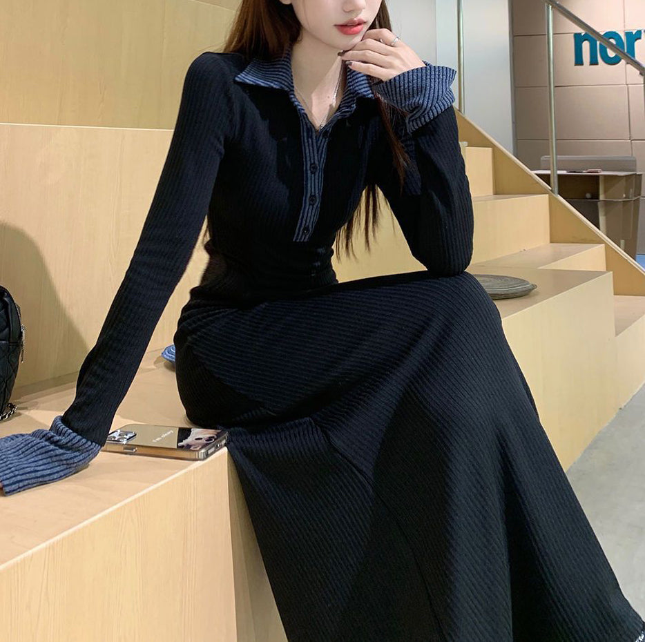 コントラストカラーポロニットワンピース　3985