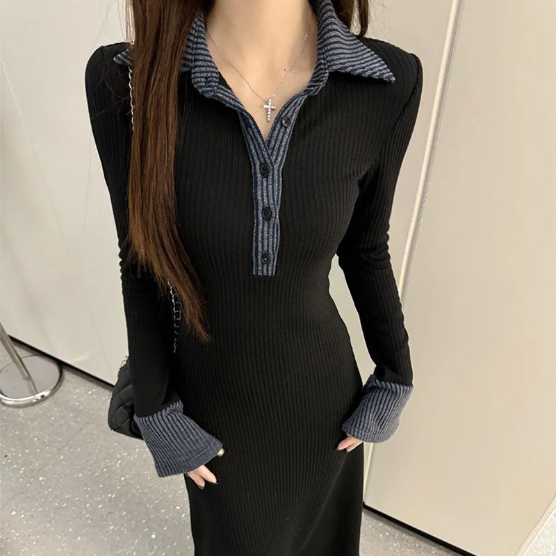 コントラストカラーポロニットワンピース　3985