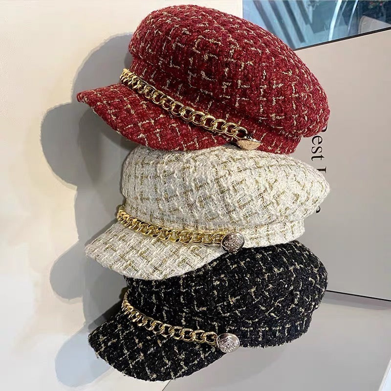 全3色　ツイードチェーンベレー帽　（3196）