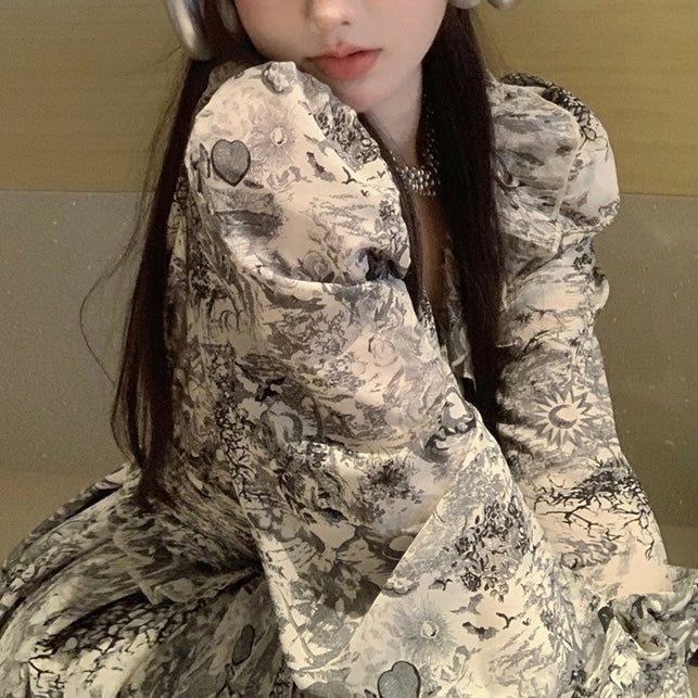 水彩プリントシフォンワンピース　（3311）